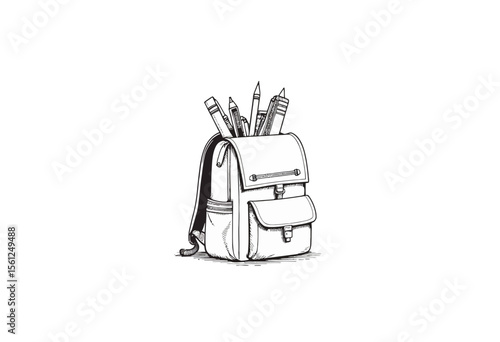 Backpack filled with pencils and pens in black and white drawing  