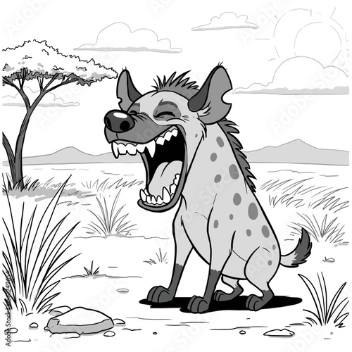A cartoon hyena sits on the savanna ground with its mouth wide open, laughing exaggeratedly under a cloudy sky with a tree, grass, and distant mountains.
