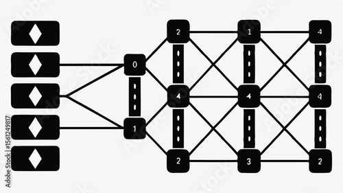 Black network diagram showing connections between nodes with diamond and numerical labels in a grid