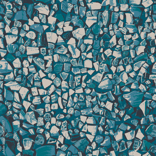 Seamless background or texture with fragments of ancient clay and porcelain plates, cups, amphoras with national folk ornaments. Fabric, textile, wrapping paper, wallpaper, ceramic tiles. No AI used