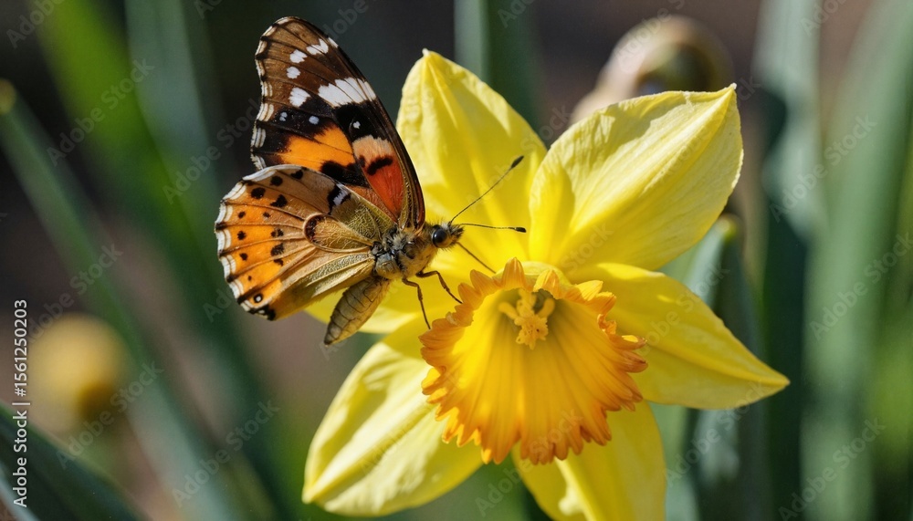 Obraz premium Butterfly resting on purple flowers in a garden during spring 