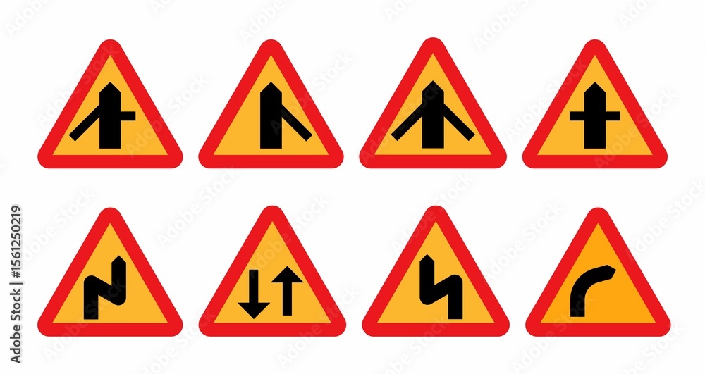 Red triangle road warning signs: various junctions, sharp curves, two-way traffic. Red triangle road warning signs: various junctions, sharp curves, two-way traffic.