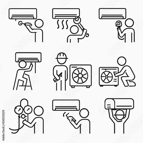 AC Technician Icons Set: HVAC Installation, Repair & Maintenance