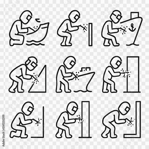 Ship Welder in Action Icons Set: Shipbuilding, Maritime & Offshore Welding