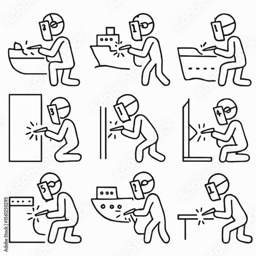 Ship Welder in Action Icons Set: Shipbuilding, Maritime & Offshore Welding