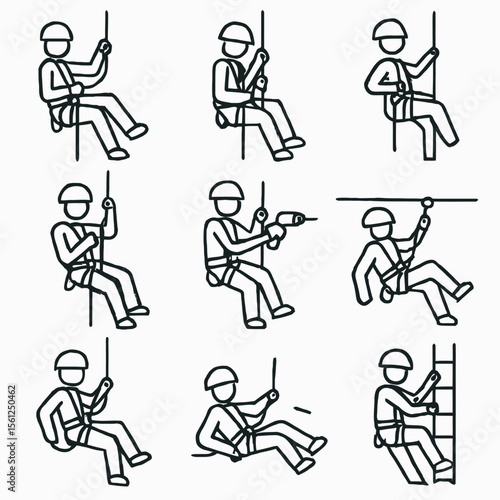 Industrial Rope Access Activities - Line Art Vector Icons