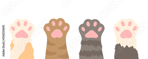 Vector set of cute cat paws. Different cat paws. Collection of pets feet with different fur. International day cats.