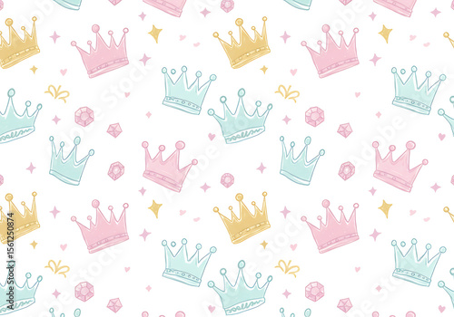 Seamless Pattern of Pastel Crowns Diamonds Stars and Hearts on White Background.