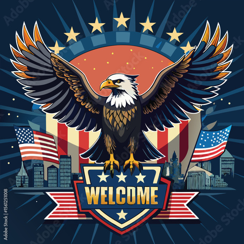American eagle and flag symbol with stars and stripes patriotic vector illustration for USA independence day or election banner design