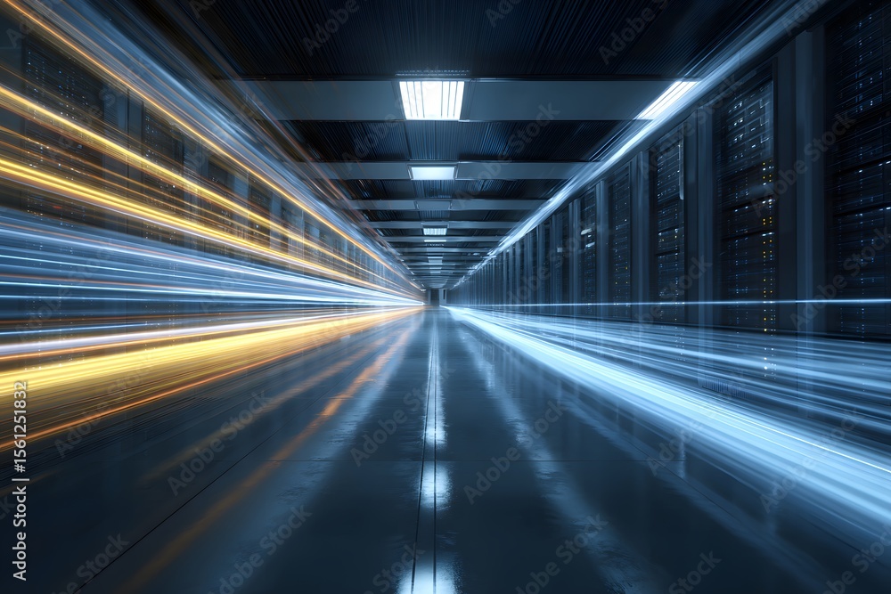A long corridor in the middle of which there is an endless row of server racks with glowing blue lights, with light streaks and speed lines around them.
A long corridor in the middle of which there is an endless row of server racks with glowing blue lights, with light streaks and speed lines around them.
