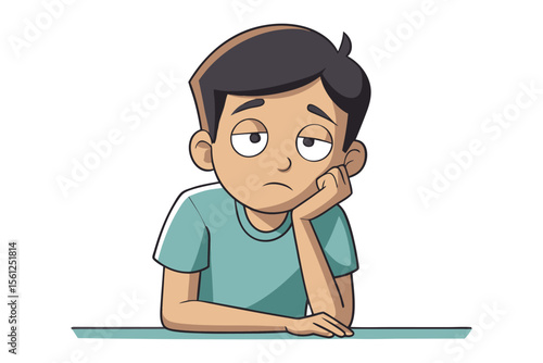 Bored Boy Cartoon: A cartoon illustration of a bored young boy resting his head on his hand, conveying feelings of weariness and lack of interest.