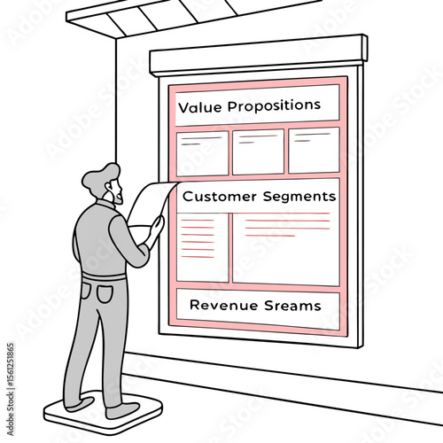 Man standing and reading a large document attached to a wall with value propositions and customer segments written on it
