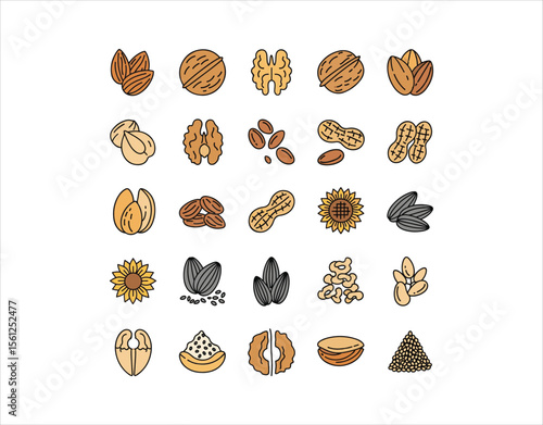 Icons of seeds and nuts with detailed outlines, showcasing shell and seed coat forms.
