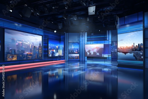 
A news studio set with large screens displaying global events and breaking news, along with people's happy moments, 