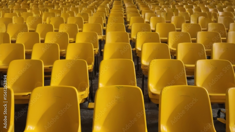 Naklejka premium Rows of empty yellow chairs in stadium arranged neatly, facing same direction, stand out against dark background. Emptiness and neglect.