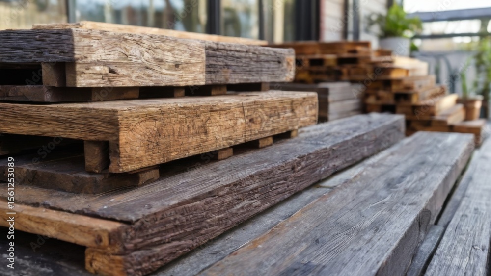 Stack of Varied Wooden Planks on Deck with Outdoor Background, Rustic and Natural Mood Stack of Varied Wooden Planks on Deck with Outdoor Background, Rustic and Natural Mood