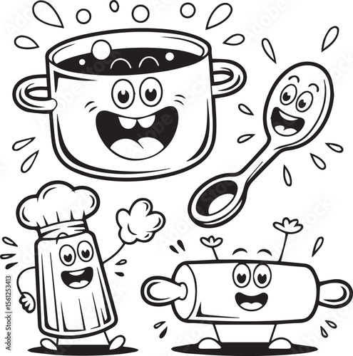 Cute cartoon cooking vector set with kitchen pot spoon chef hat rolling pin and food characters
