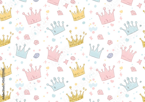 Watercolor Crowns Pattern Pink Gold and Blue Crowns on White Background.