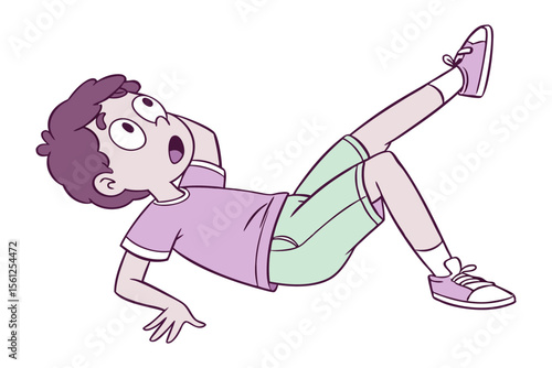 Boy Cartoon in Action: A lively cartoon illustration of a boy lying on the ground, engaging in a dynamic movement and expressing surprise or astonishment.