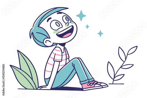 Inquisitive Mind: A charming illustration of a young boy looking upwards with sparkling eyes, radiating with wonder and excitement.