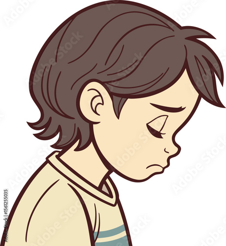 A sad young boy looking down with emotional expression in soft pastel tones capturing a moment of silent disappointment