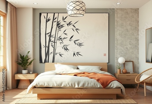 Serene Japandi-style bedroom with ink wash painting