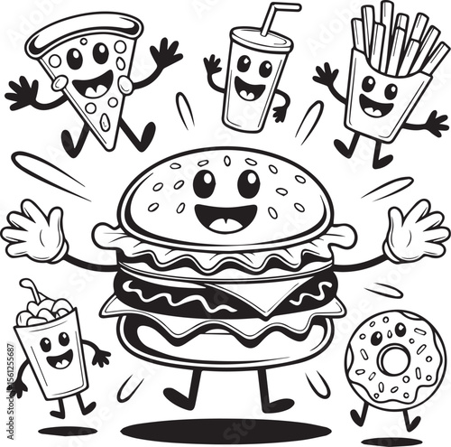 Fast food cartoon characters vector set with burger pizza fries donut and drinks in playful style