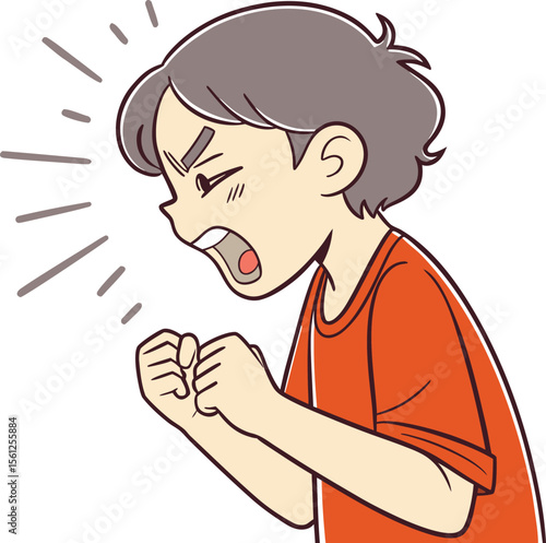 Cartoon boy in orange shirt shouting angrily with fists clenched and expressive face full of rage and intensity
