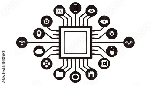 Central processing unit connected to various icons representing different functionalities and applications