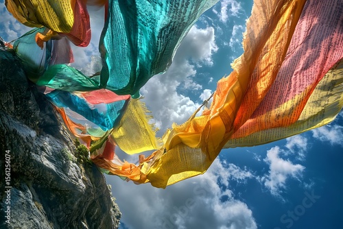 Colorful prayer flags dancing in the wind himalayan mountains photography outdoor upward perspective cultural symbolism