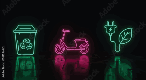 Neon icons of sustainable lifestyle choices, including recycling, electric scooter, and charging.