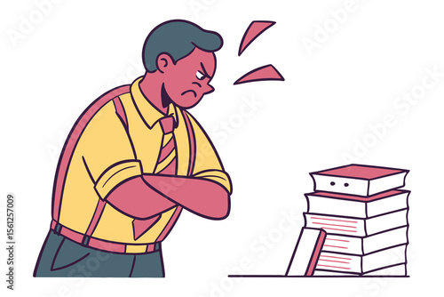 Frustrated businessman with arms crossed stares angrily at a tall stack of books representing overwhelming workload or difficult task