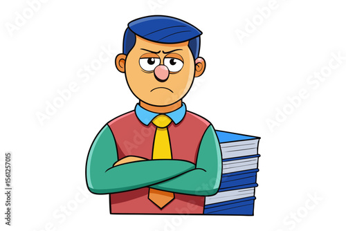 Frustrated businessman with arms crossed and stack of blue books expressing displeasure and overwhelm