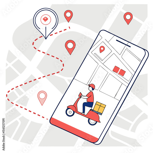 Delivery service app showing a scooter rider with package on a map with location pins and dotted route