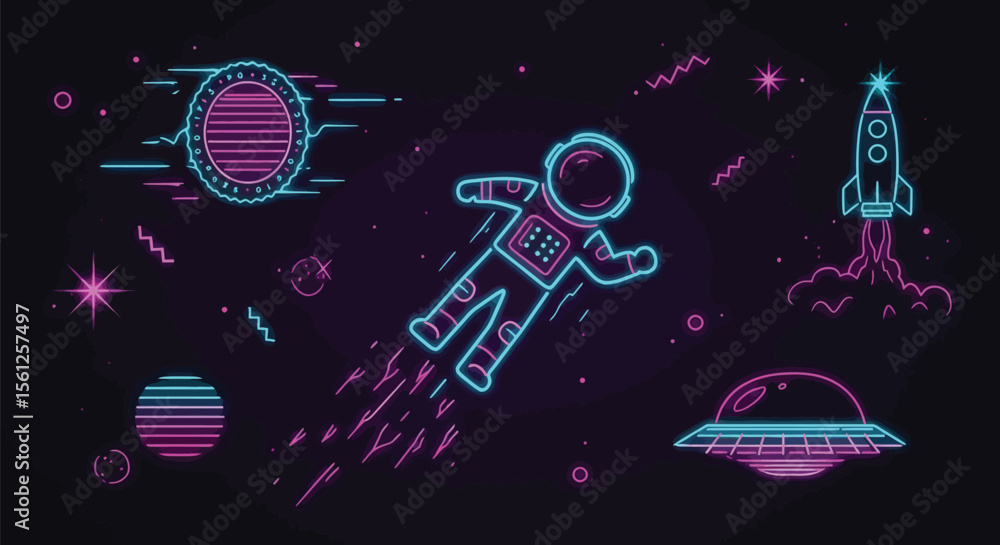 Fototapeta premium Astronaut floats in space, surrounded by a retro-futuristic neon design featuring a rocket, UFO, and planets.