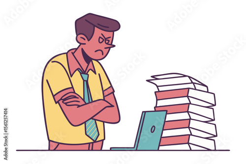 Frustrated businessman with arms crossed stares at a large stack of papers next to his laptop overwhelmed by workload