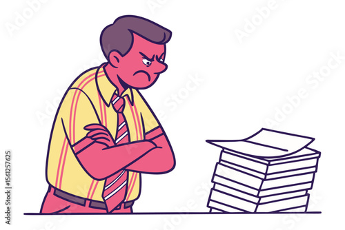 Frustrated businessman with arms crossed stares angrily at a large stack of papers on his desk symbolizing workload stress