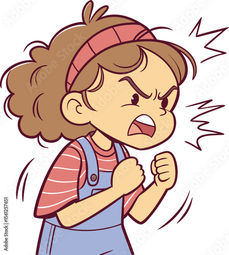 Girl with clenched fists screaming loudly showing emotional burst and frustration in expressive cartoon vector