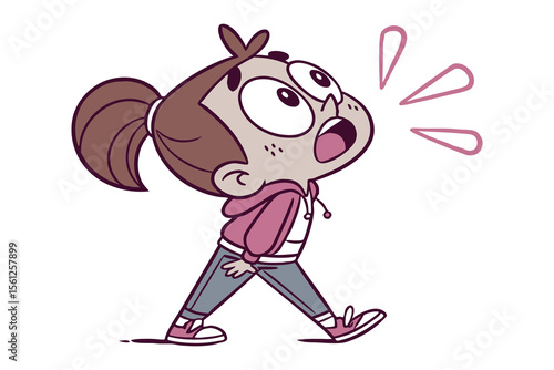 Surprised girl in cartoon image: A cartoon illustration of a young girl with a surprised expression, walking forward and looking up with wide eyes, exuding a sense of awe and disbelief.