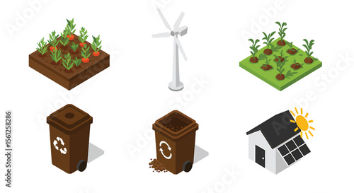 Isometric illustration showcasing sustainable living with a vegetable garden, wind turbine, solar panels, and recycling bins.