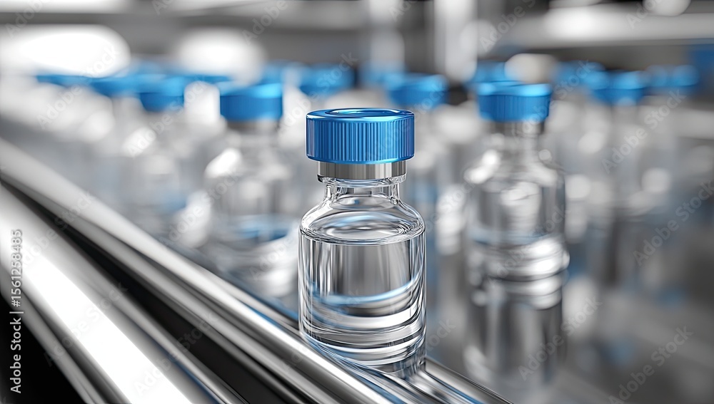 Pharmaceutical vials on factory conveyor Pharmaceutical vials on factory conveyor