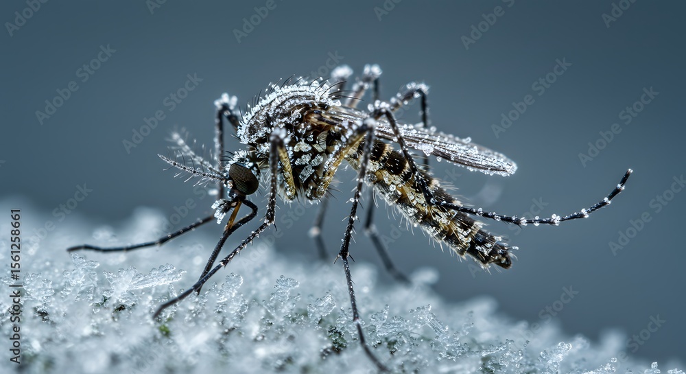 Fototapeta premium Close-up view of a mosquito with water droplets resting on its body in a natural setting