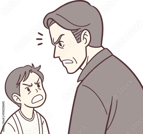 Serious adult male scolding a young boy in an intense confrontation capturing emotional conflict and authority expression