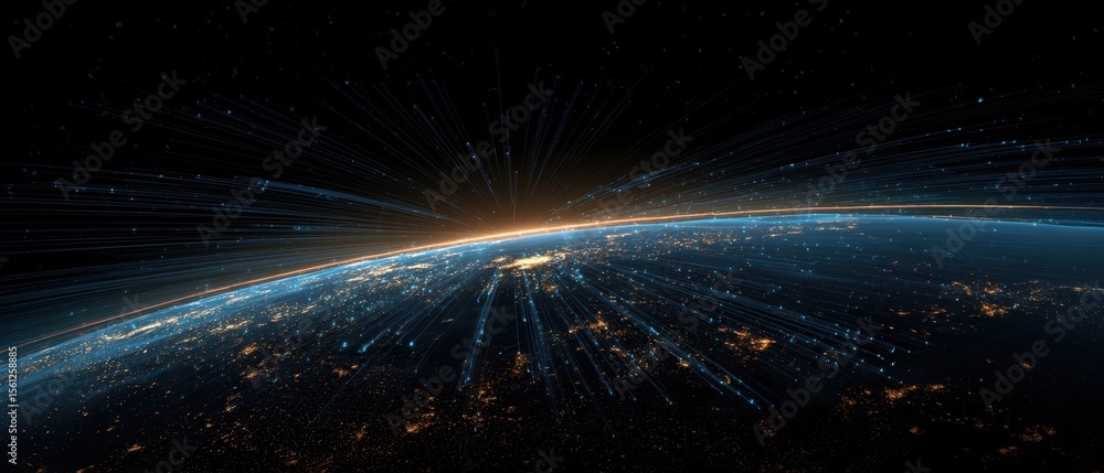 Obraz premium The Earth illuminated by digital connections and cosmic energy streams.