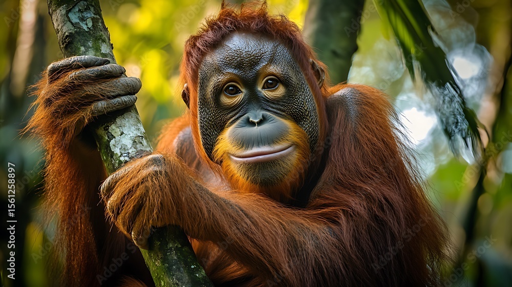 Fototapeta premium Orangutan climbing a tree in tropical rainforest wildlife photography nature exploration close-up viewpoint
