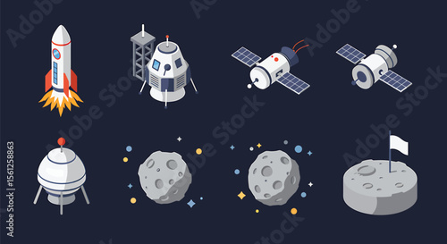 Isometric illustration of various space-related objects, including rockets and satellites.