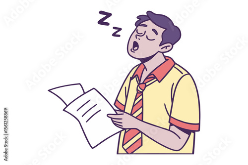 Cartoon illustration of a young man in a yellow shirt and striped tie falling asleep while reading a document with zzz symbols