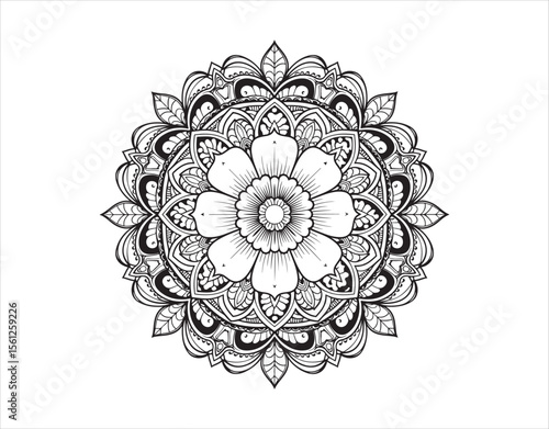 Vector outline of a circular mandala flower for oriental-style body art or decoration.

