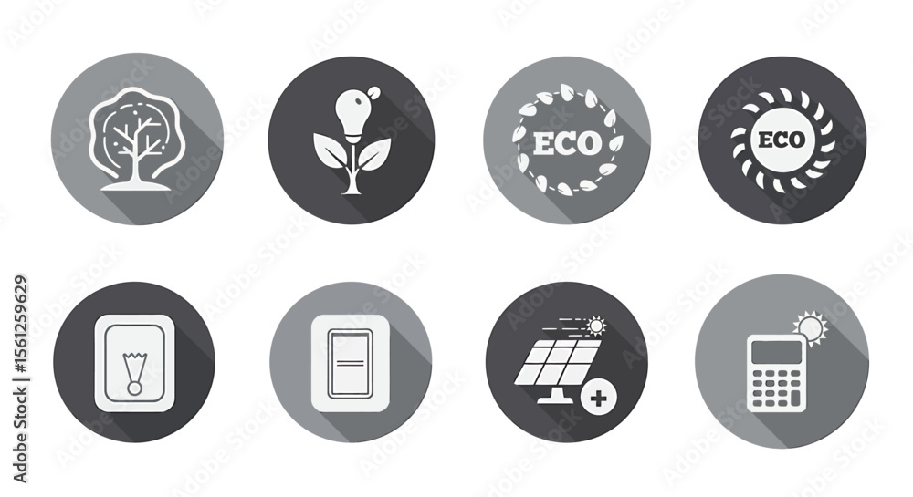 Set of eight circular icons representing eco-friendly concepts, including solar power, trees, and energy conservation. Set of eight circular icons representing eco-friendly concepts, including solar power, trees, and energy conservation.