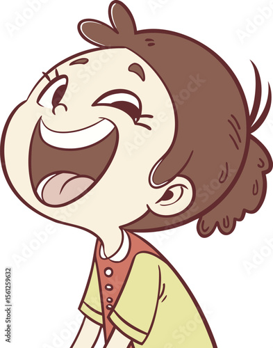 Cartoon girl laughing heartily with closed eyes and joyful face expressing cheerful excitement and innocence